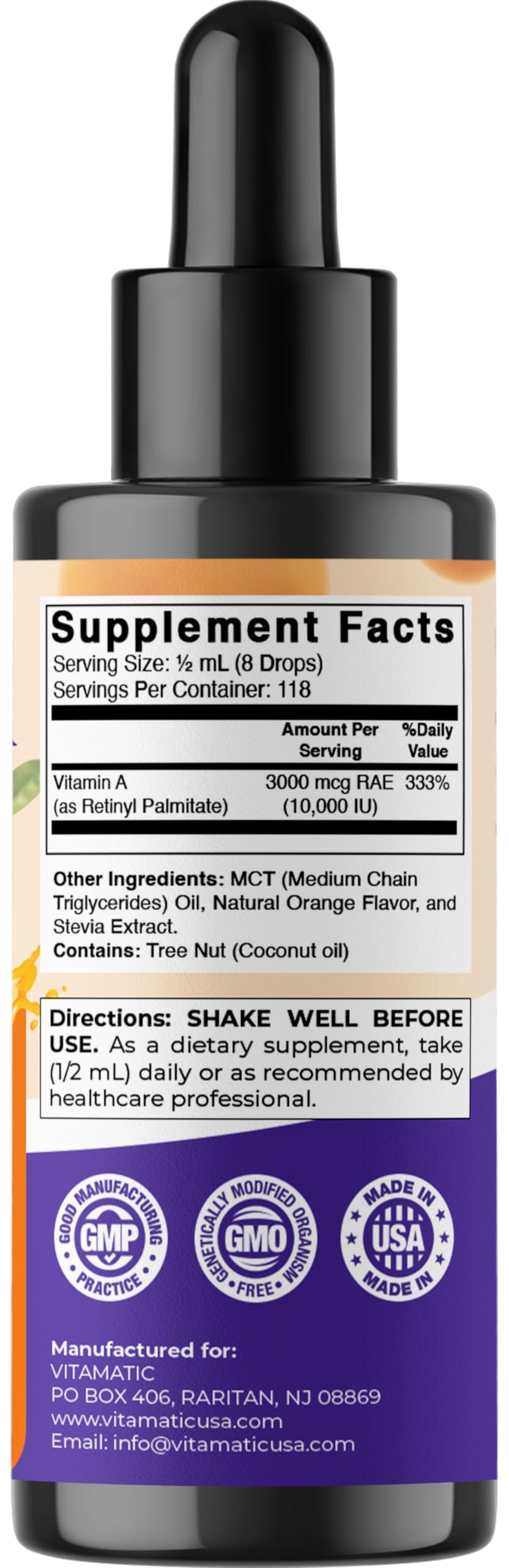 Vitamatic Vitamin A 2 fluid ounce bottle side profile