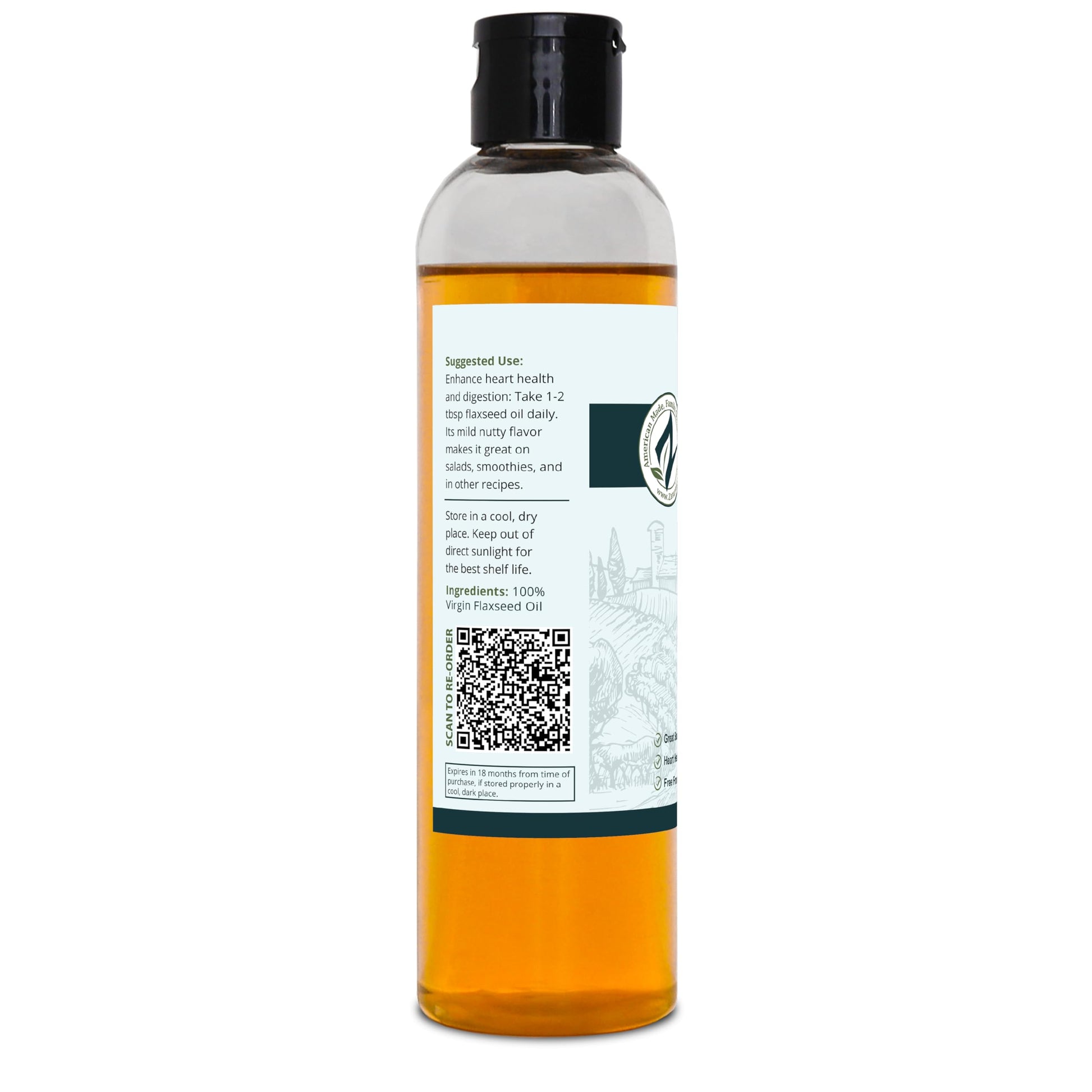 Cold pressed unrefined non GMO flaxseed oil bottle for dietary nutrition and skincare