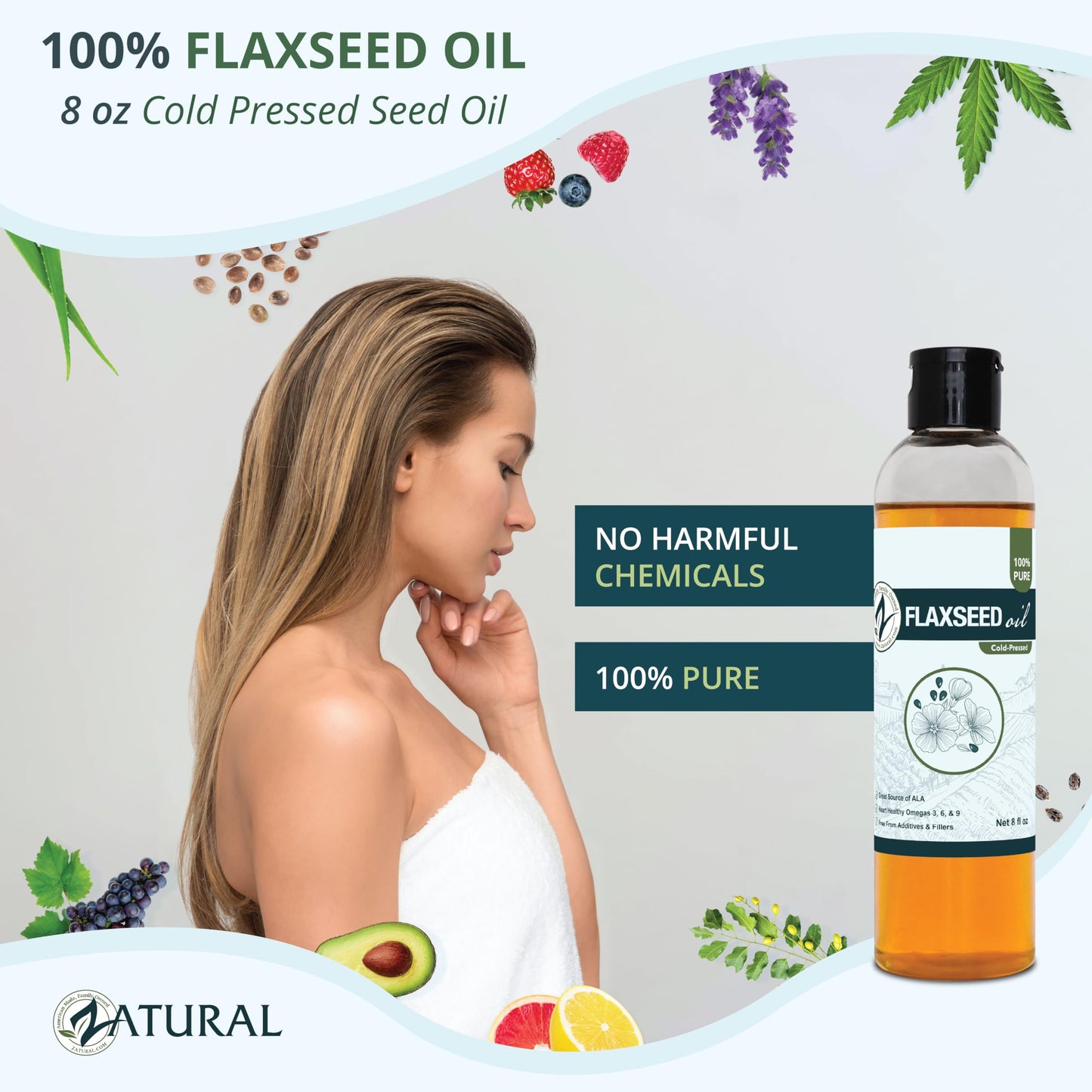 Zatural pure flax seed carrier oil for deep hair hydration and radiant facial skin care