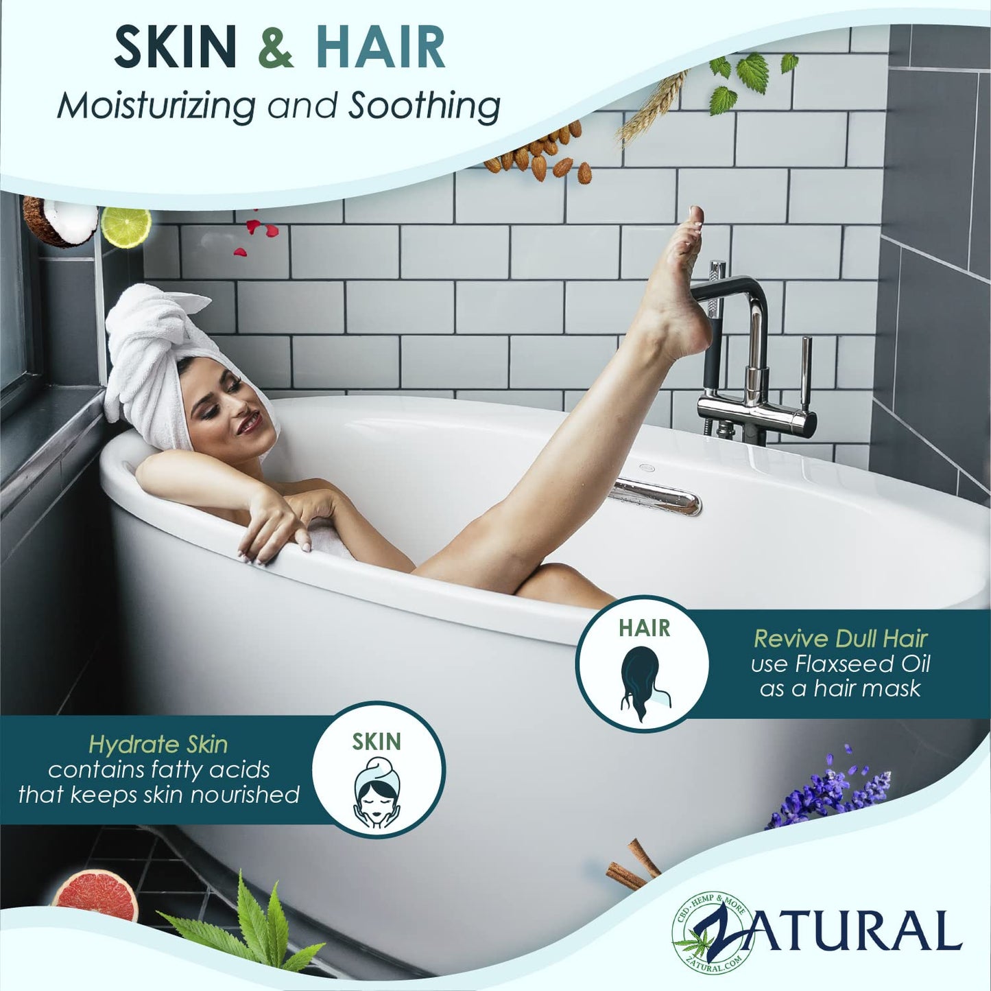 Back label of Zatural eight fluid ounce flaxseed oil showing pure ingredients and usage
