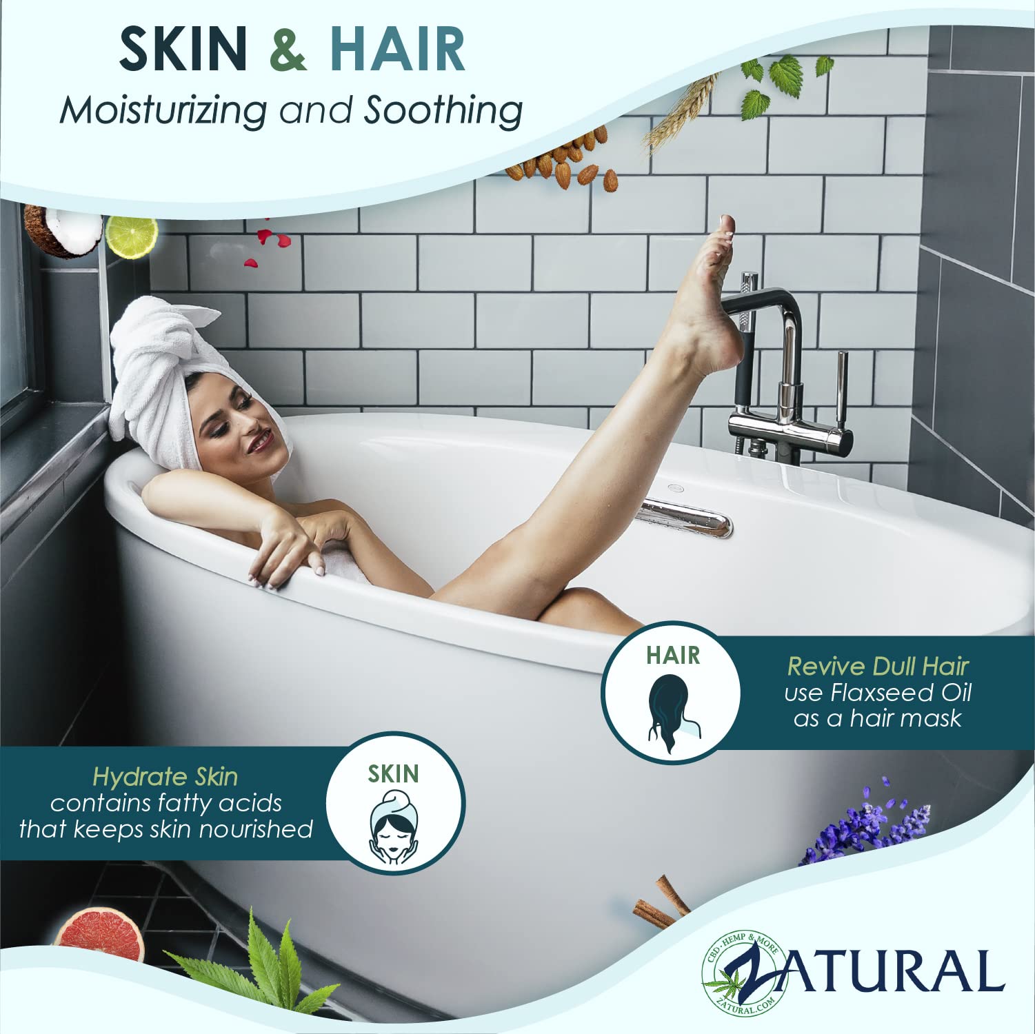 Back label of Zatural eight fluid ounce flaxseed oil showing pure ingredients and usage