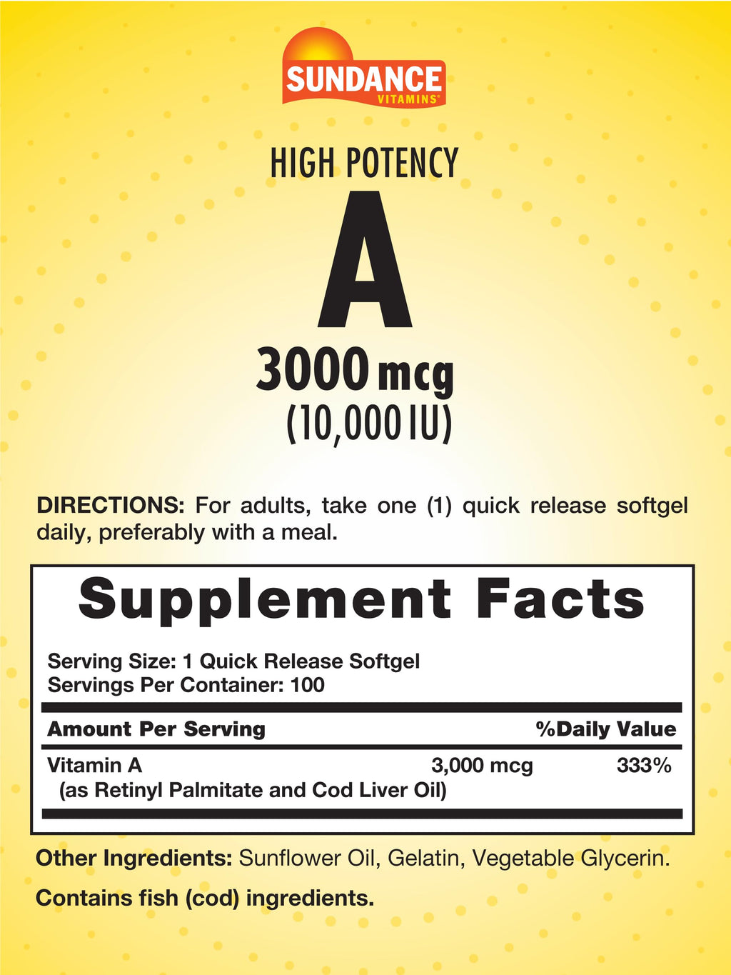 Sundance Vitamin A dietary supplement bottle label details