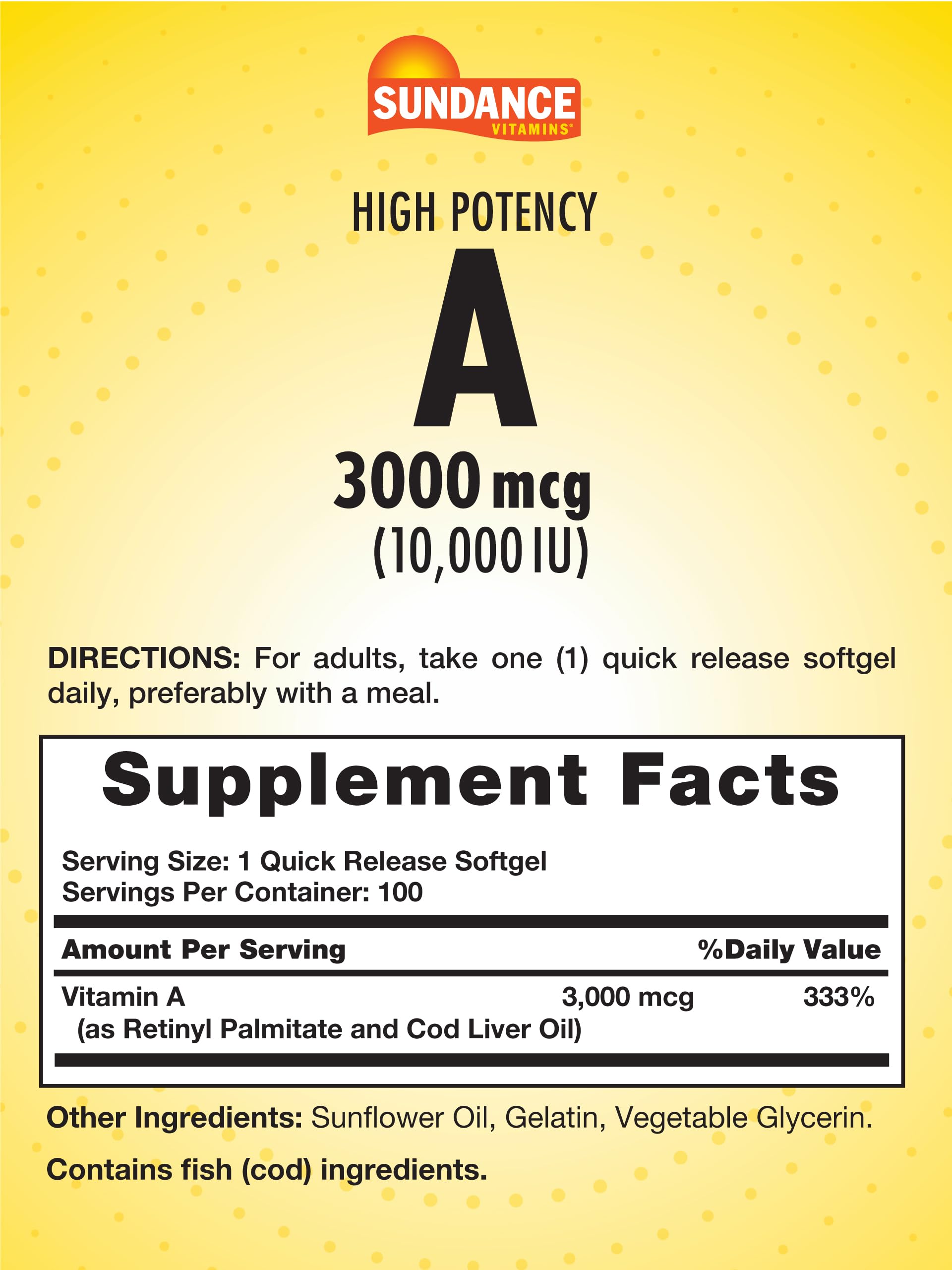Sundance Vitamin A 10000 IU supplement label detail