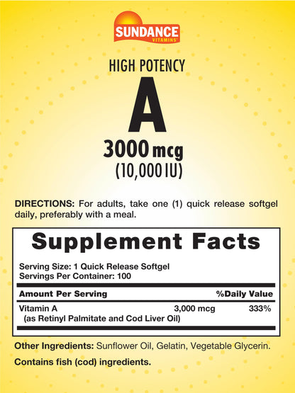 Sundance Vitamin A 10000 IU supplement label detail