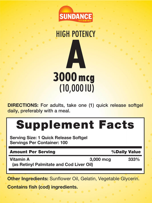Sundance Vitamin A 10000 IU supplement label detail