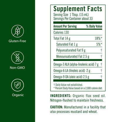 Flora cold pressed unrefined organic flax oil 17 fluid ounce amber glass bottle packaging