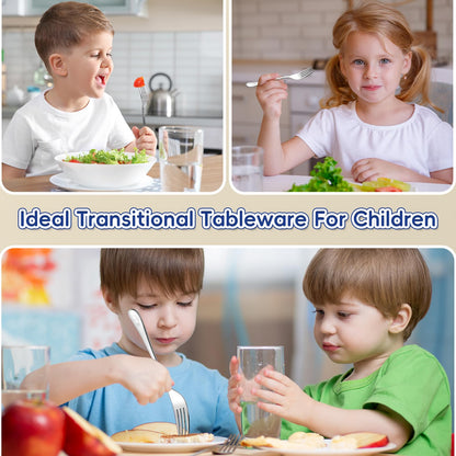 Twelve piece reusable metal forks for toddlers placed inside a dishwasher rack