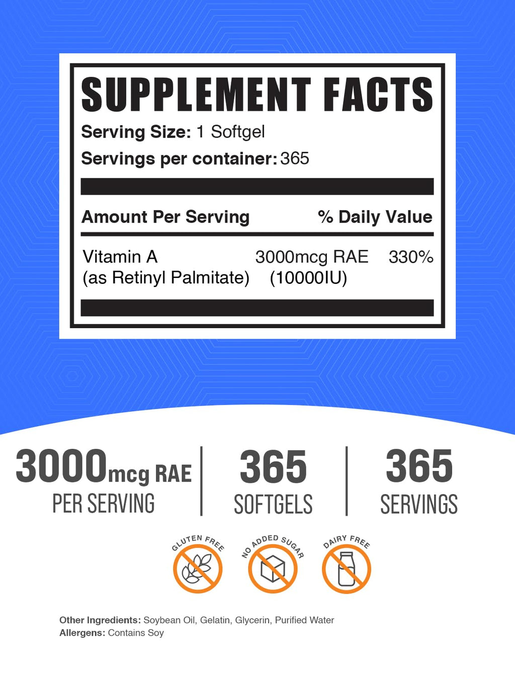 BulkSupplements Vitamin A 365 count softgels supplement label details