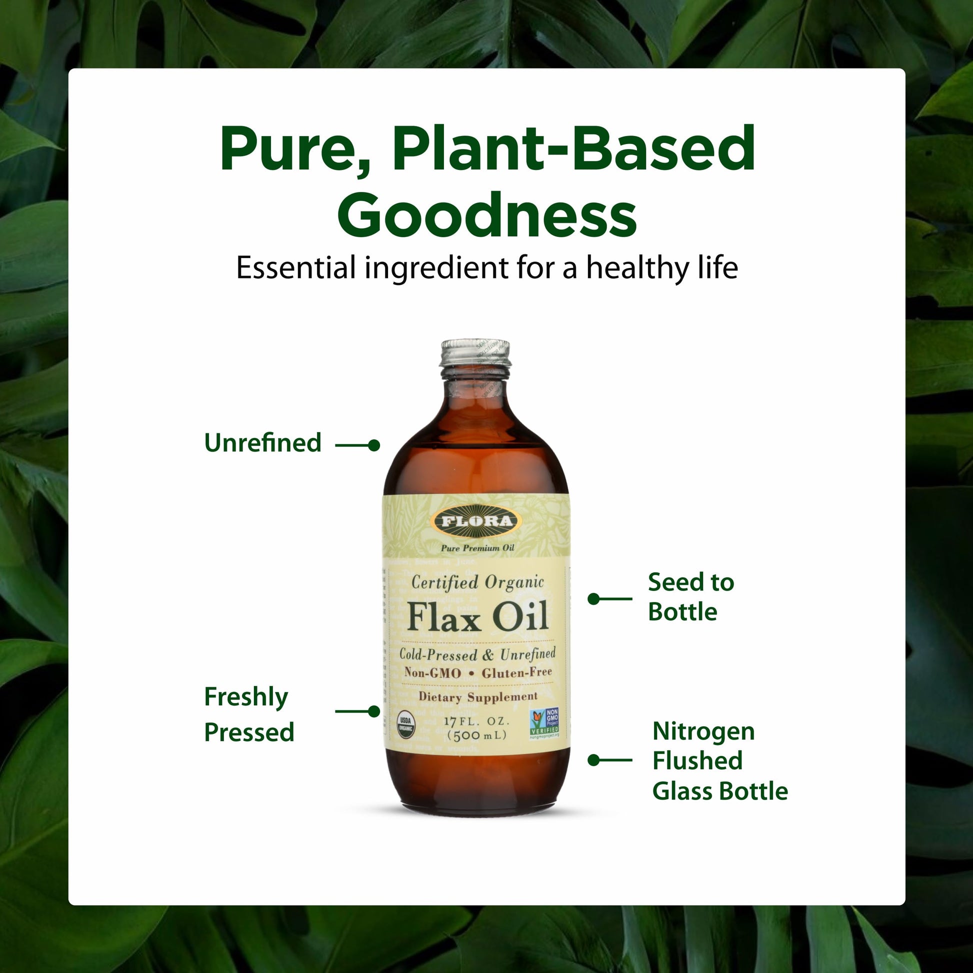 Flora non GMO certified organic flax seed oil dietary supplement for heart health