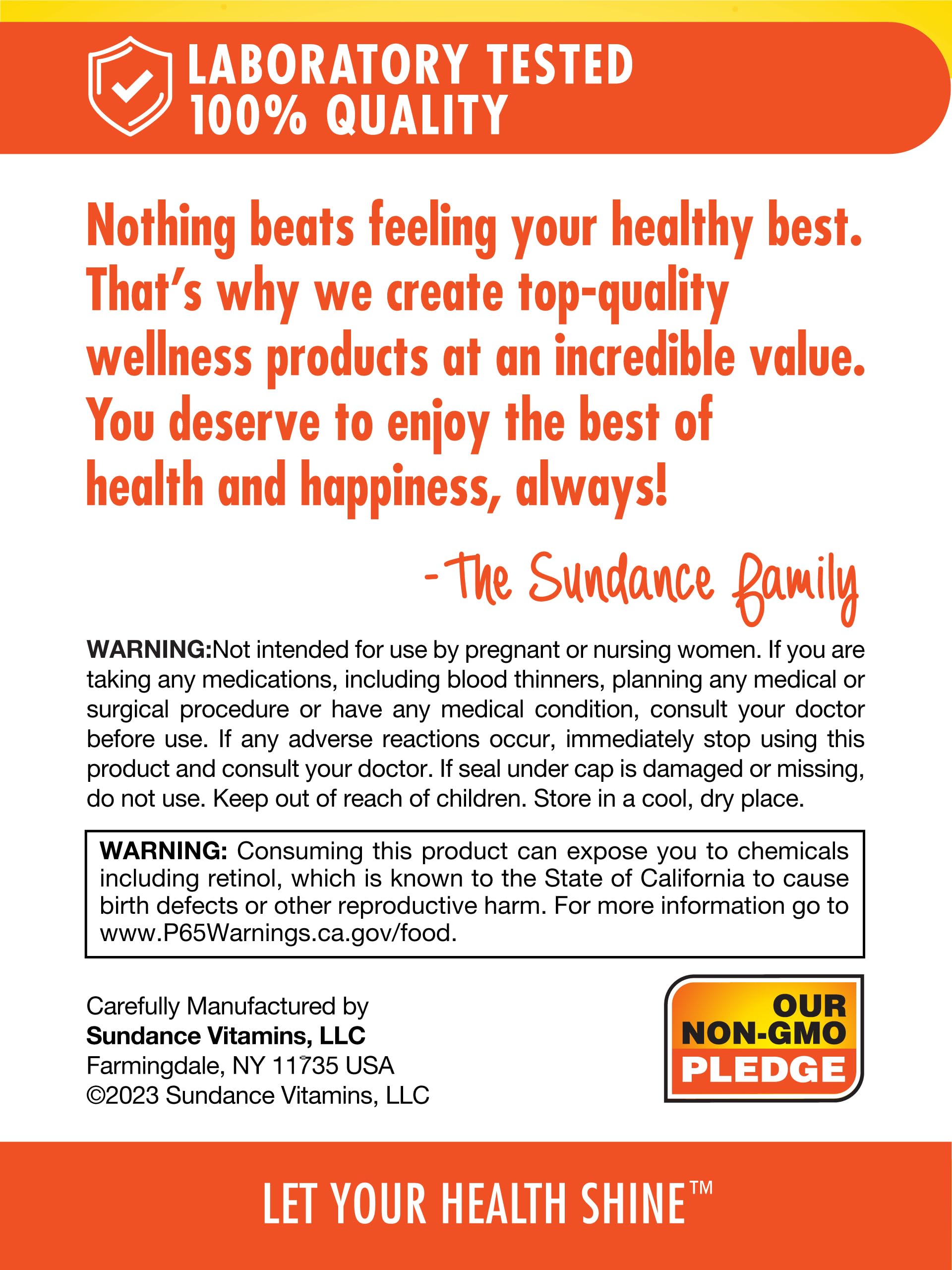 Sundance Vitamin A nutritional facts panel information
