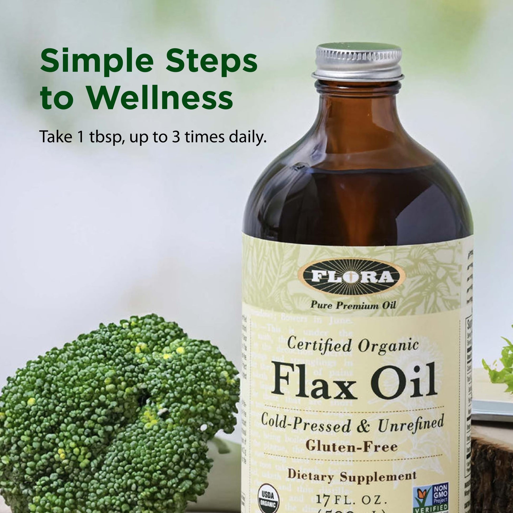 Premium imported Flora flaxseed oil bottle showcasing the nitrogen flushed seal
