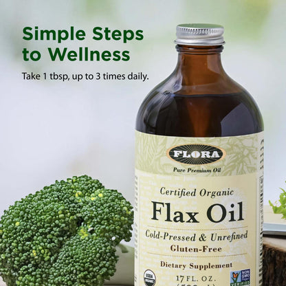 Premium imported Flora flaxseed oil bottle showcasing the nitrogen flushed seal