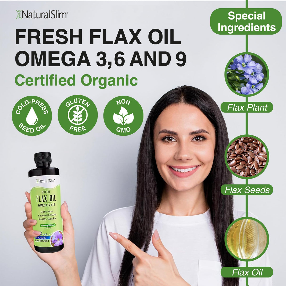 Naturalslim 16 fluid ounces liquid flax oil bottle angle shot