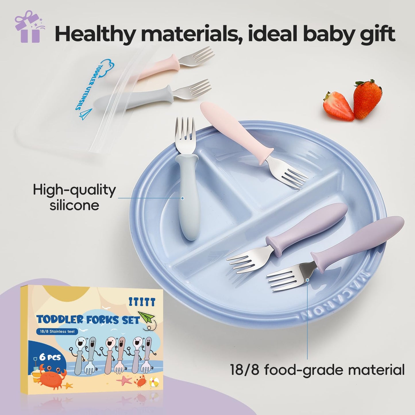 Dishwasher safe premium 18 8 stainless steel toddler utensils being washed.