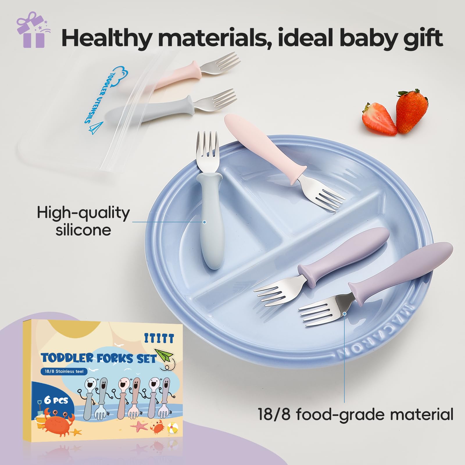 Dishwasher safe premium 18 8 stainless steel toddler utensils being washed.
