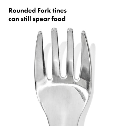 OXO Tot travel toddler utensils in Lilac purple color showing the rounded stainless steel fork and deep spoon.