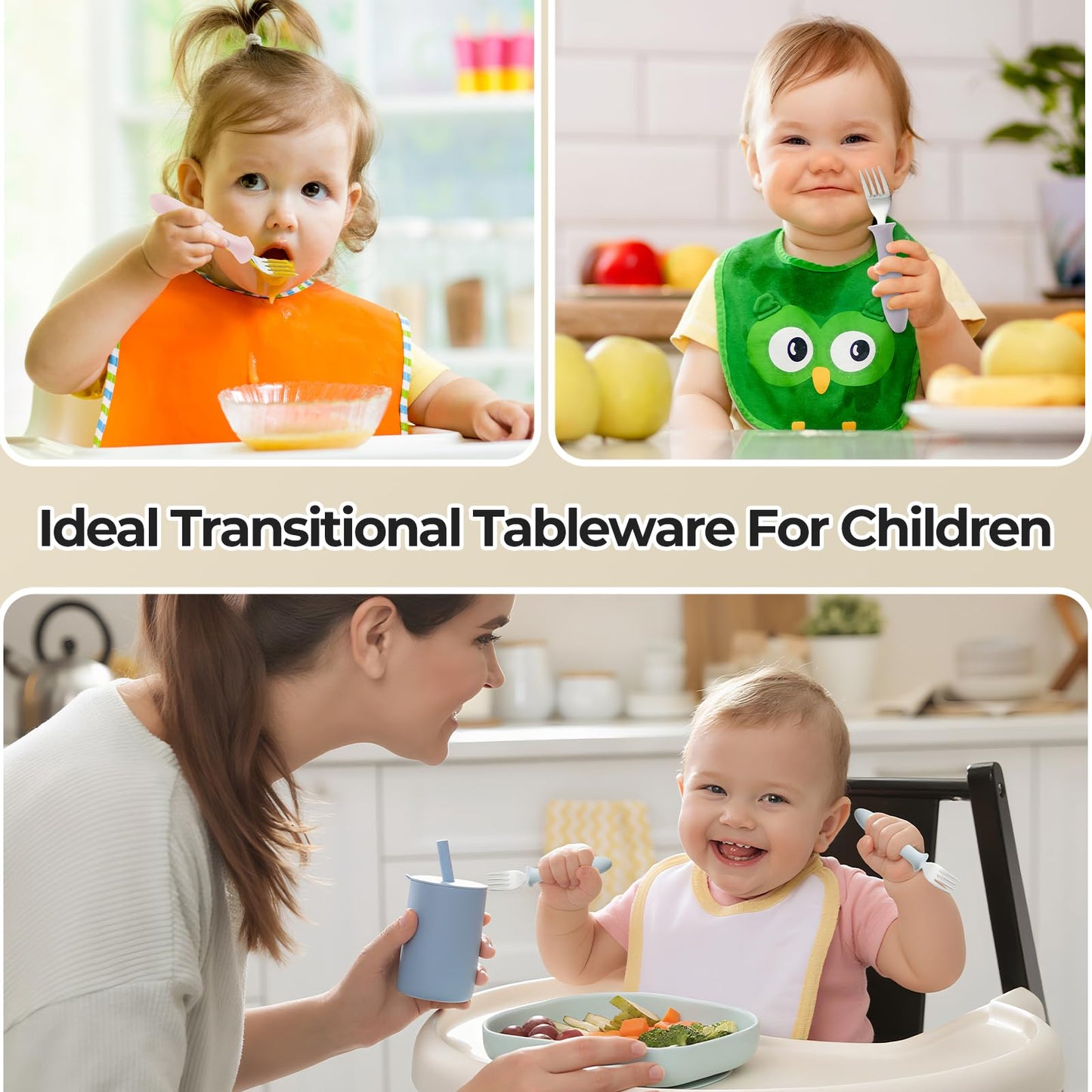 The complete kids safe flatware collection in its premium packaging from the top angle.