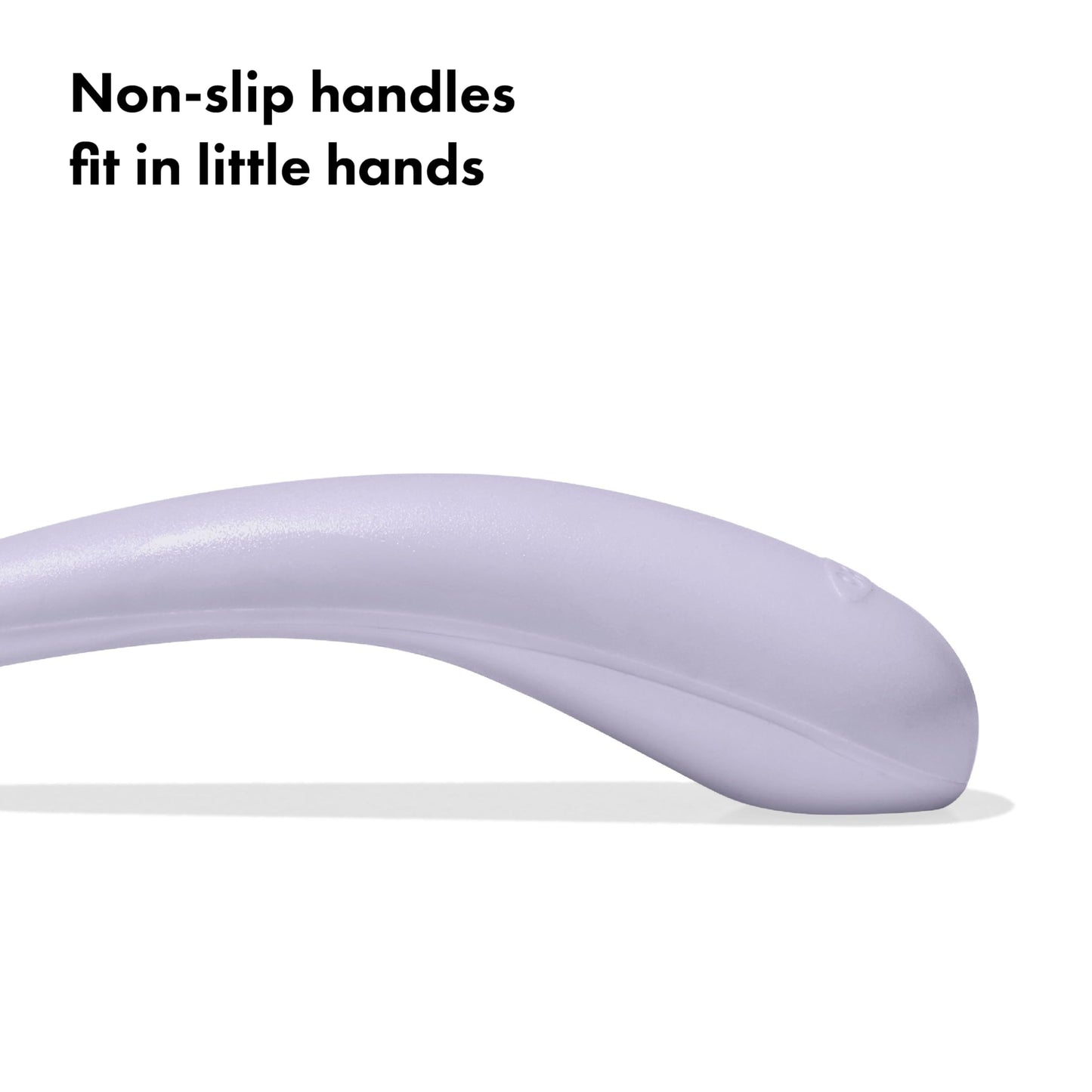 Close-up of the ergonomic non-slip weighted handles on the OXO Tot toddler fork and spoon set.
