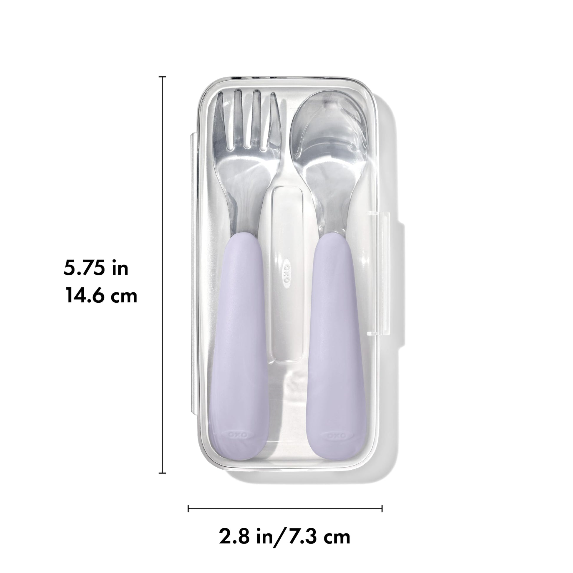 OXO Tot baby feeding travel set showing the durable stainless steel heads and pastel lilac purple grips.