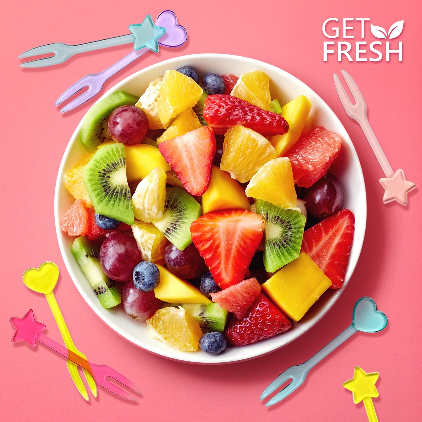 Close up of Get Fresh kids dessert picks with colorful handles