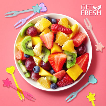 Close up of Get Fresh kids dessert picks with colorful handles