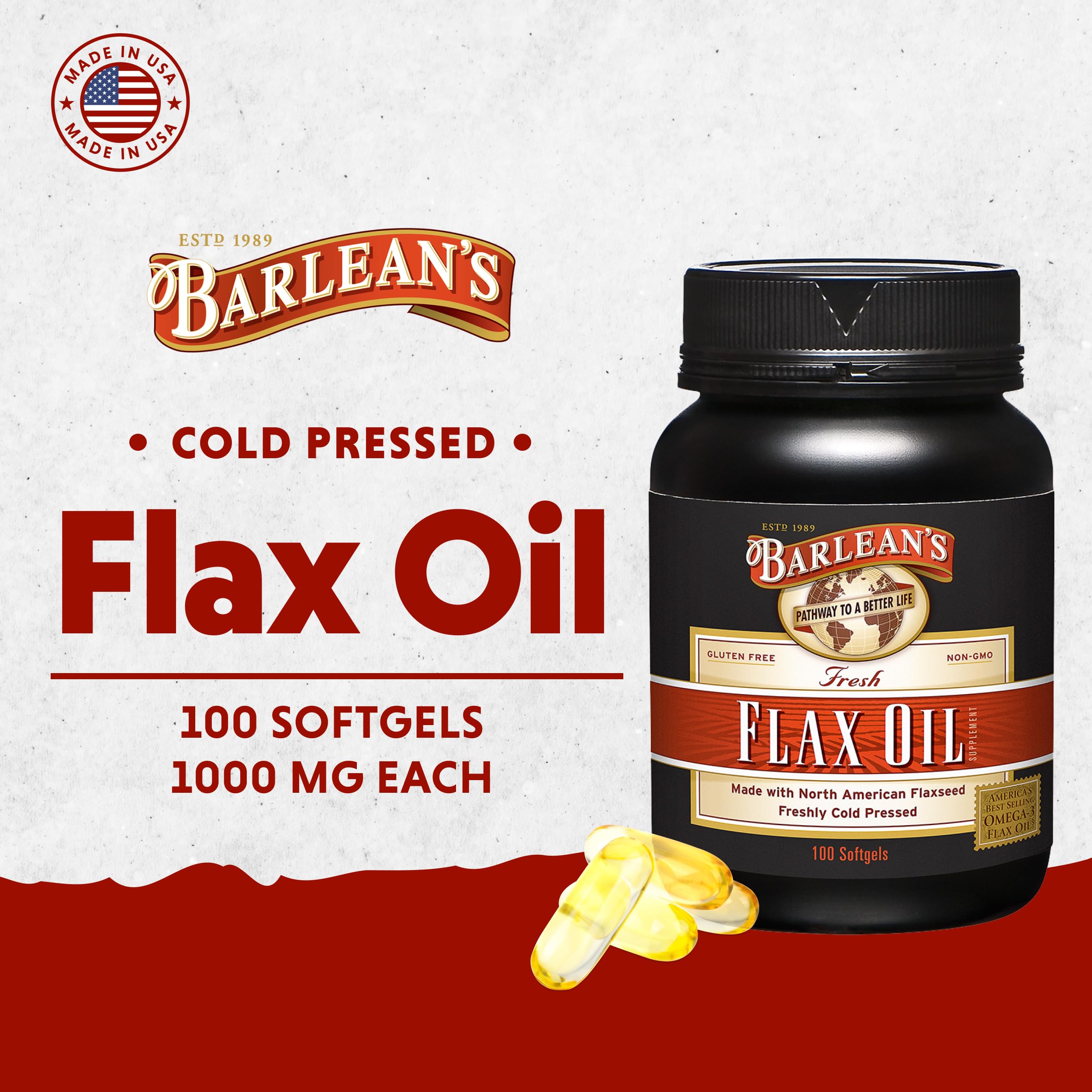 Barlean's Fresh Flax Oil bottle showing 1650 mg ALA fatty acid nutritional facts