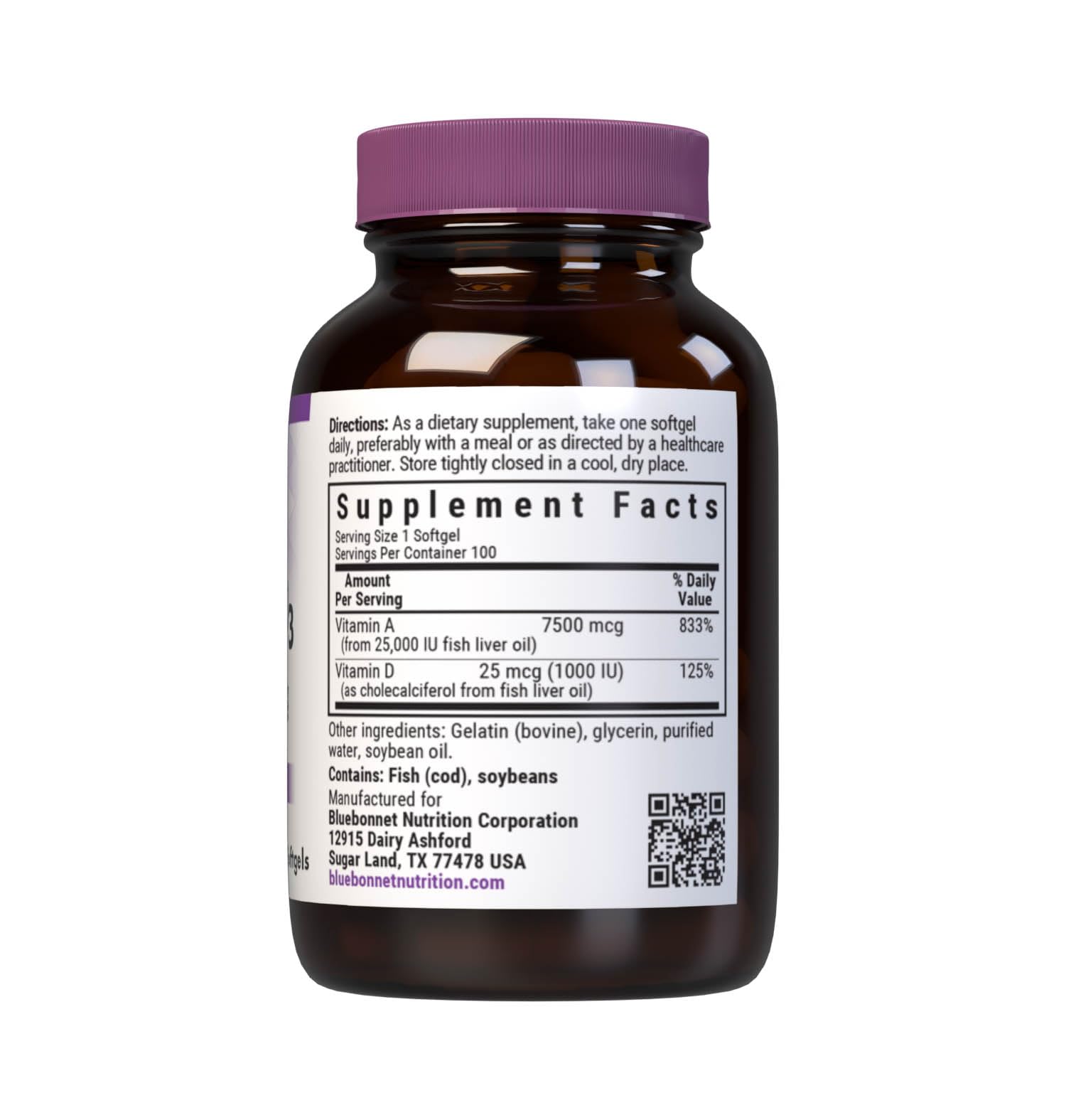 Bluebonnet Vitamin A and D3 label details and ingredient list