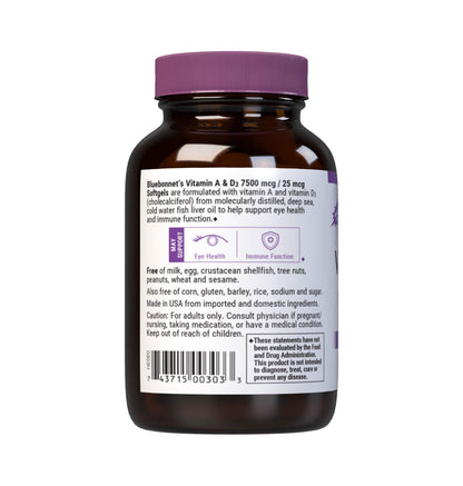 Bluebonnet Vitamin A and D3 25000 IU softgels supplement facts