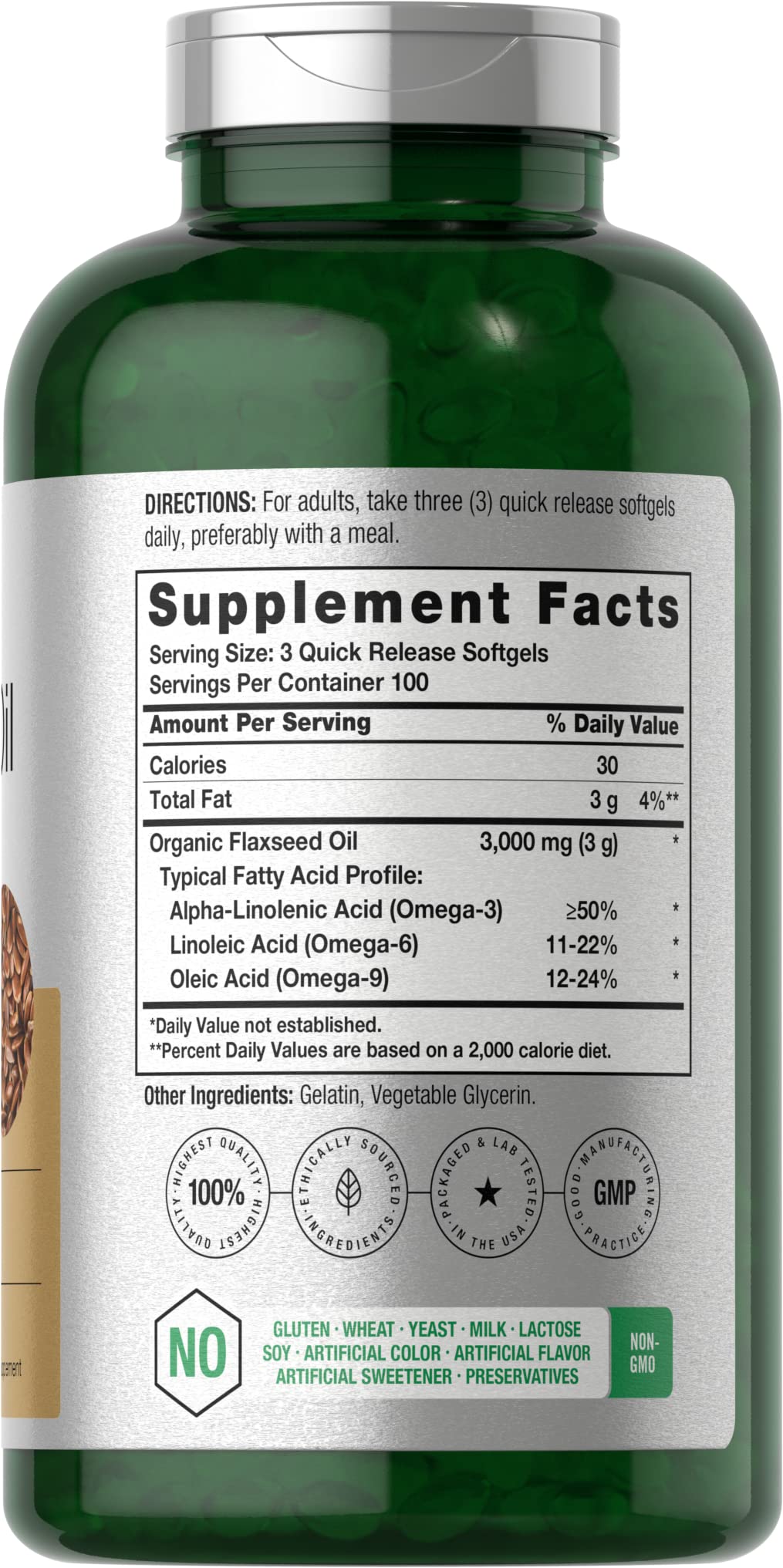 Horbäach cold pressed flaxseed oil 300 softgels nutritional label detailing omega 3 6 9 breakdown