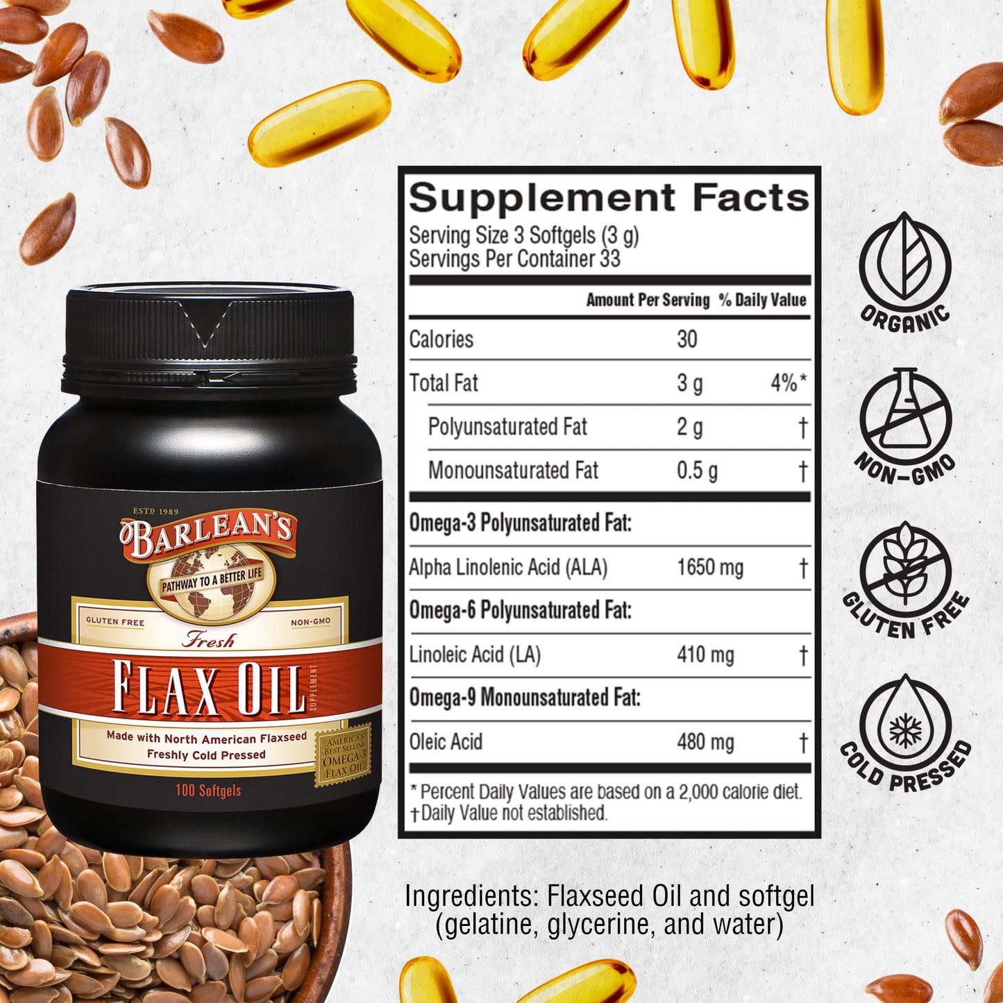 Back label of Barlean's fresh flax oil 100 count bottle with usage directions