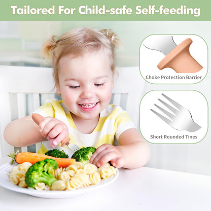 Side profile of stainless steel toddler utensils with silicone handles