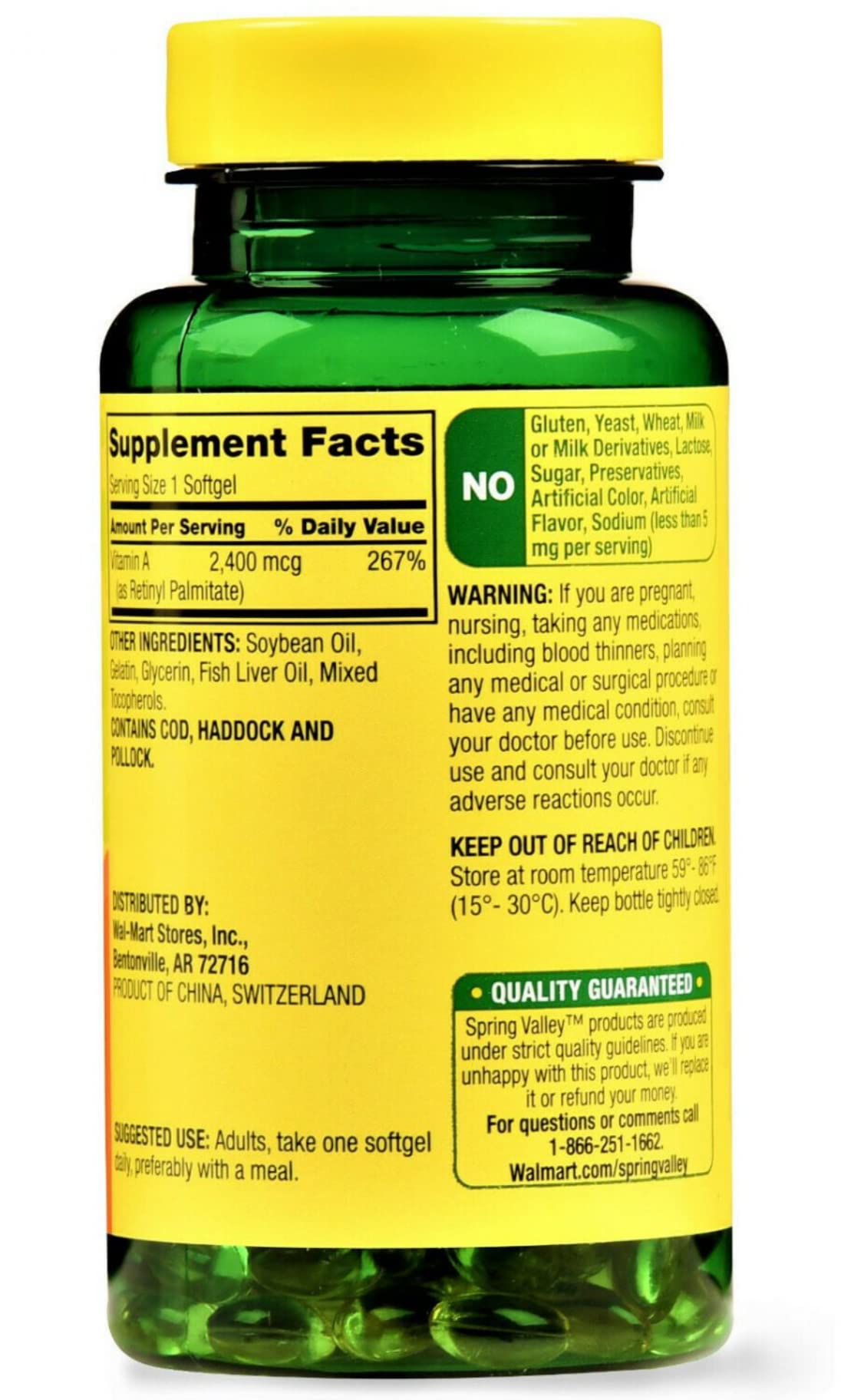 Spring Valley vitamin supplement 250 count bottle label details