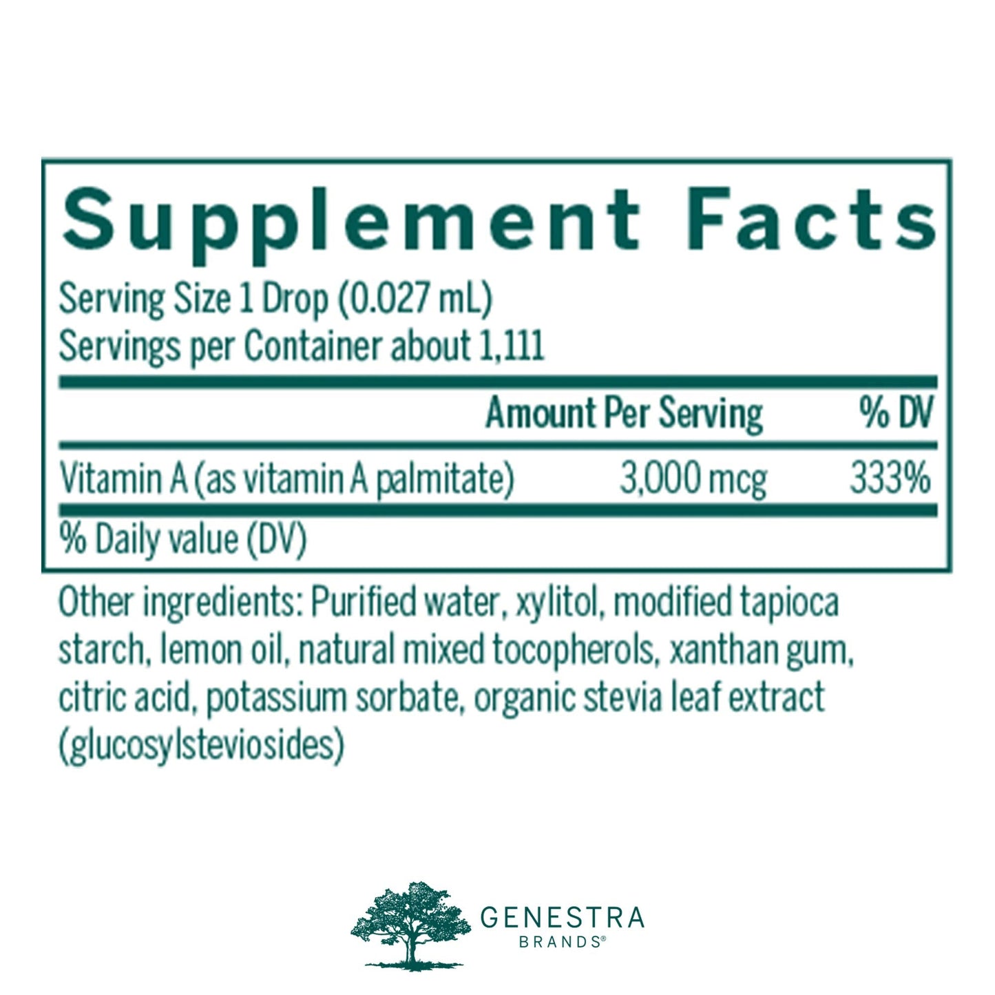 Genestra Brands Vitamin A liquid supplement bottle citrus flavor label