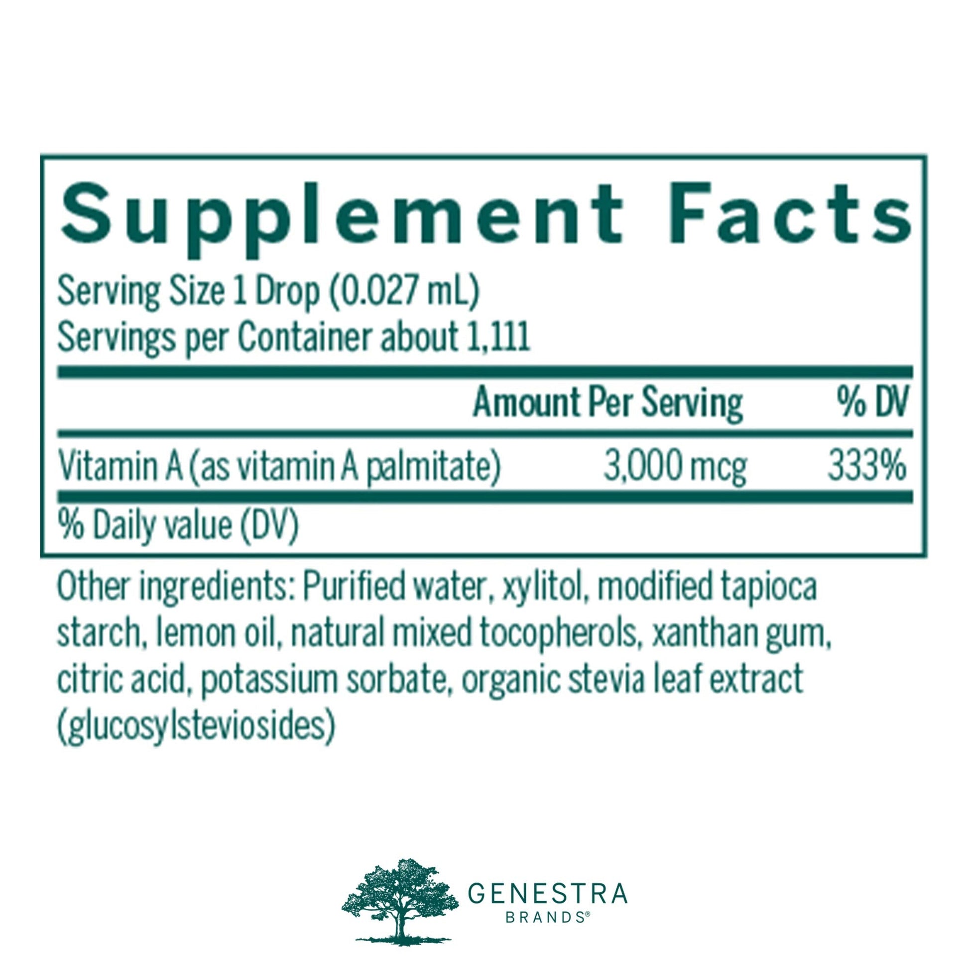 Genestra Brands Vitamin A liquid supplement bottle citrus flavor label