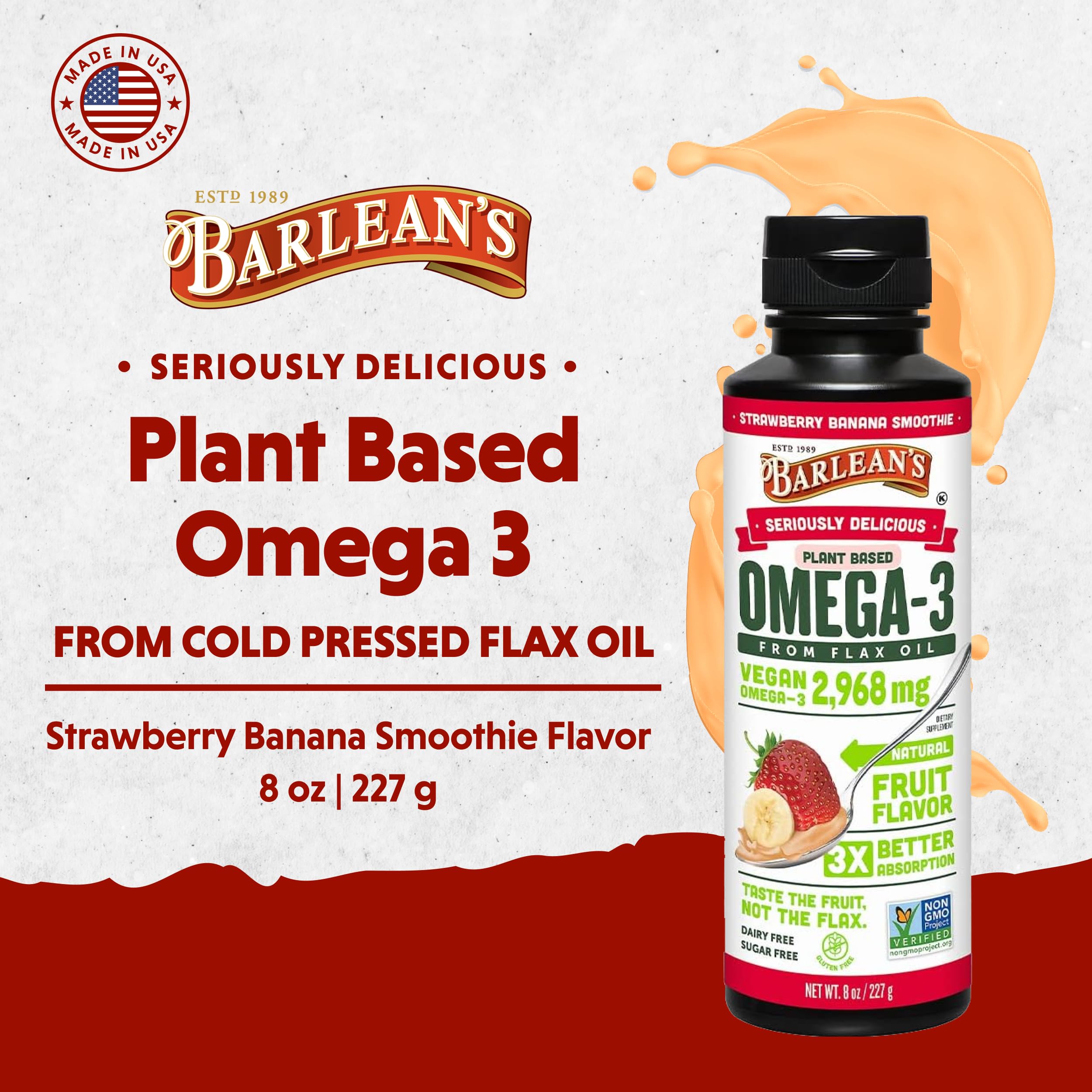 Barlean's Strawberry Banana Smoothie flax oil nutritional label showing premium ingredients