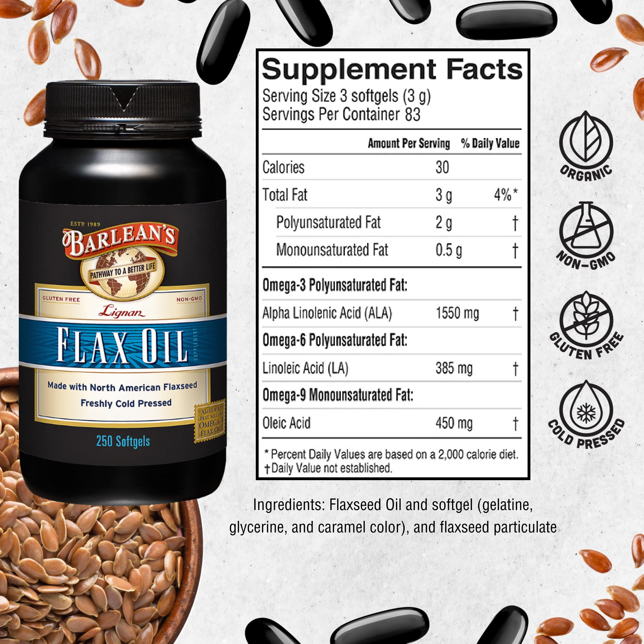 Barlean's Lignan Flaxseed Oil supplement facts label