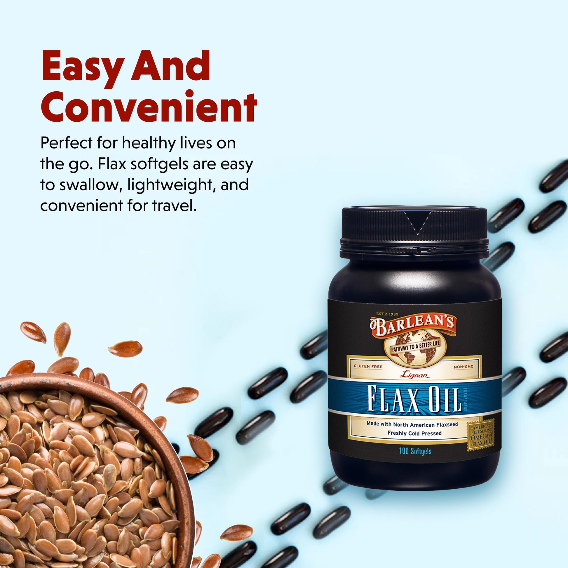 Barlean's Lignan Flaxseed Oil packaging showing cold-pressed seal