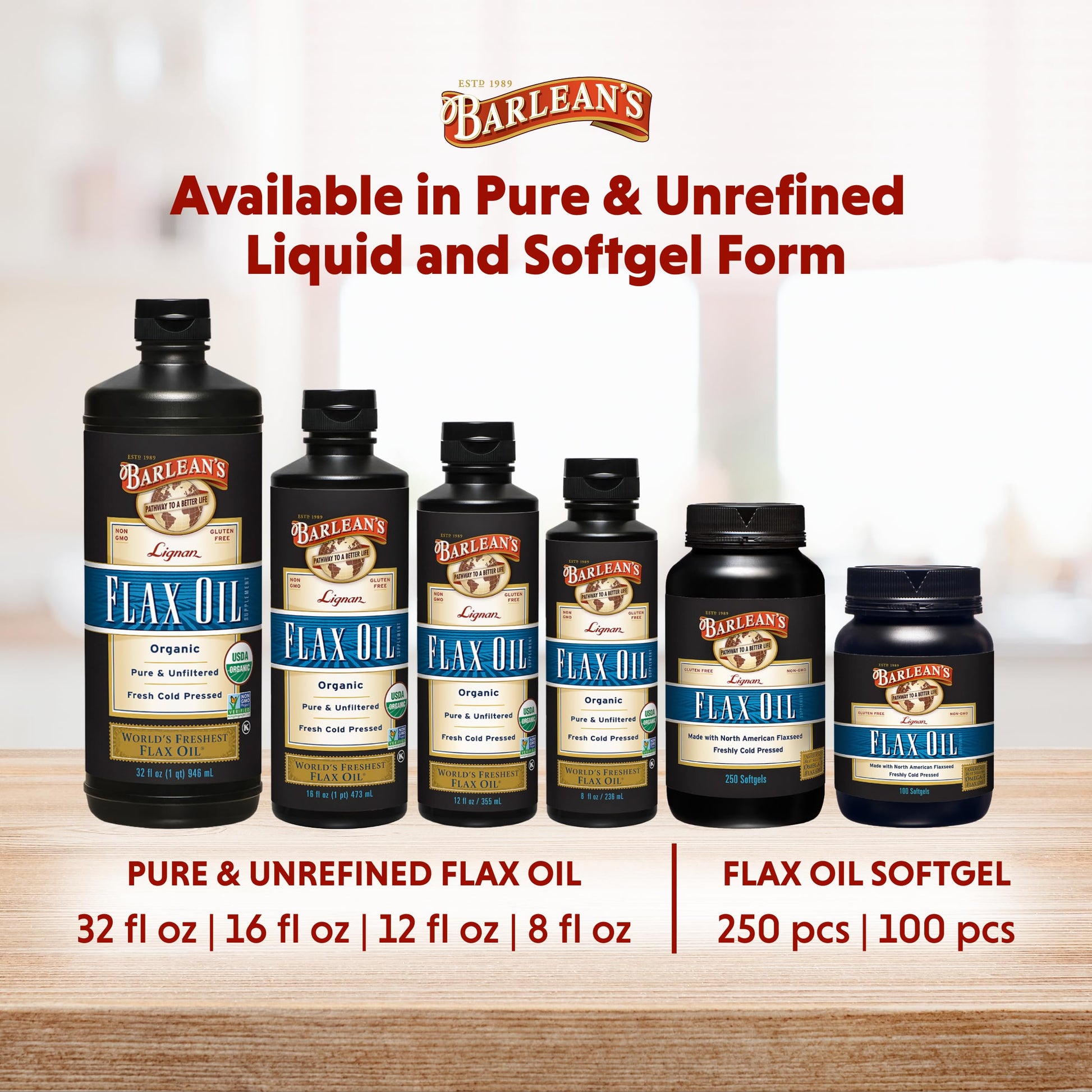 Barlean's Lignan Flaxseed Oil 250 count bottle size perspective