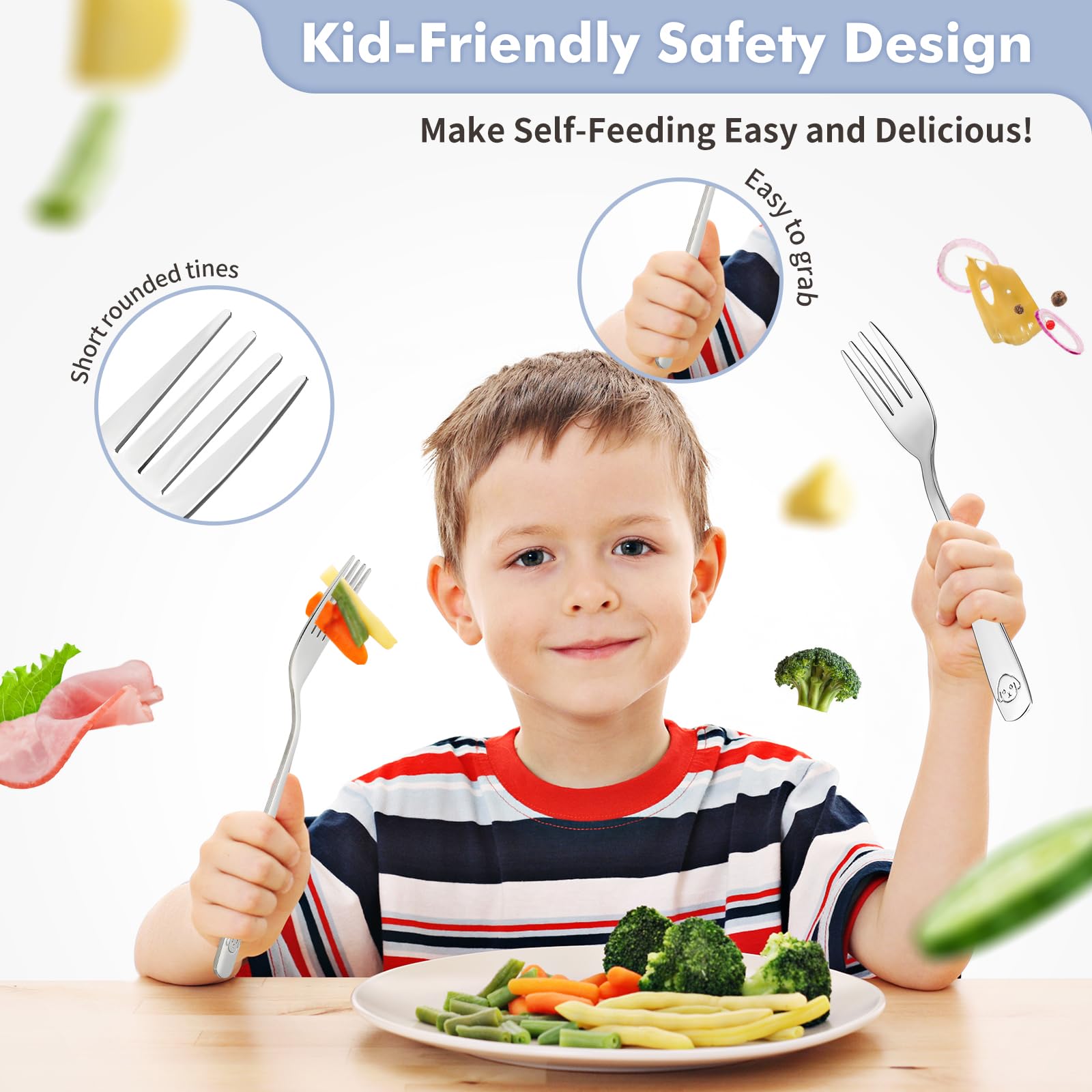 Six piece child safe metal toddler utensil set