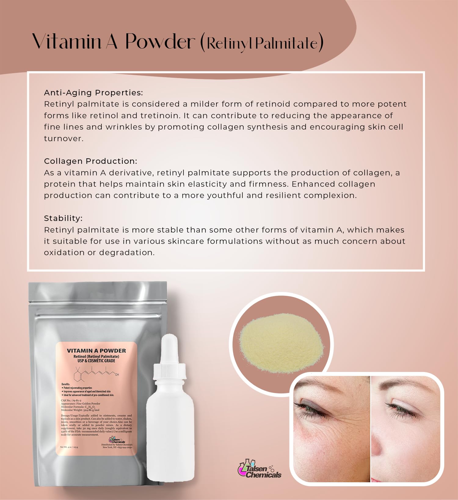 Close up of Talsen Chemicals Retinyl Palmitate powder texture