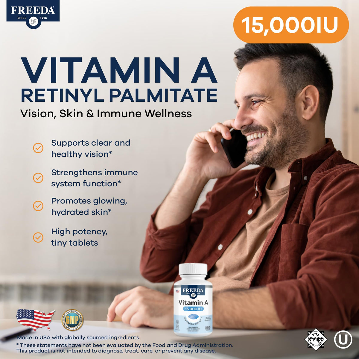 Freeda Vitamin A supplement bottle showing dietary labels