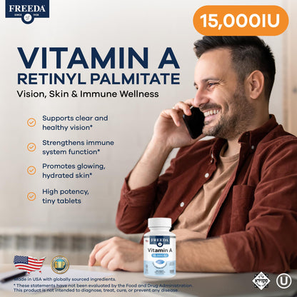 Freeda Vitamin A 15,000 IU vegan supplement label details.