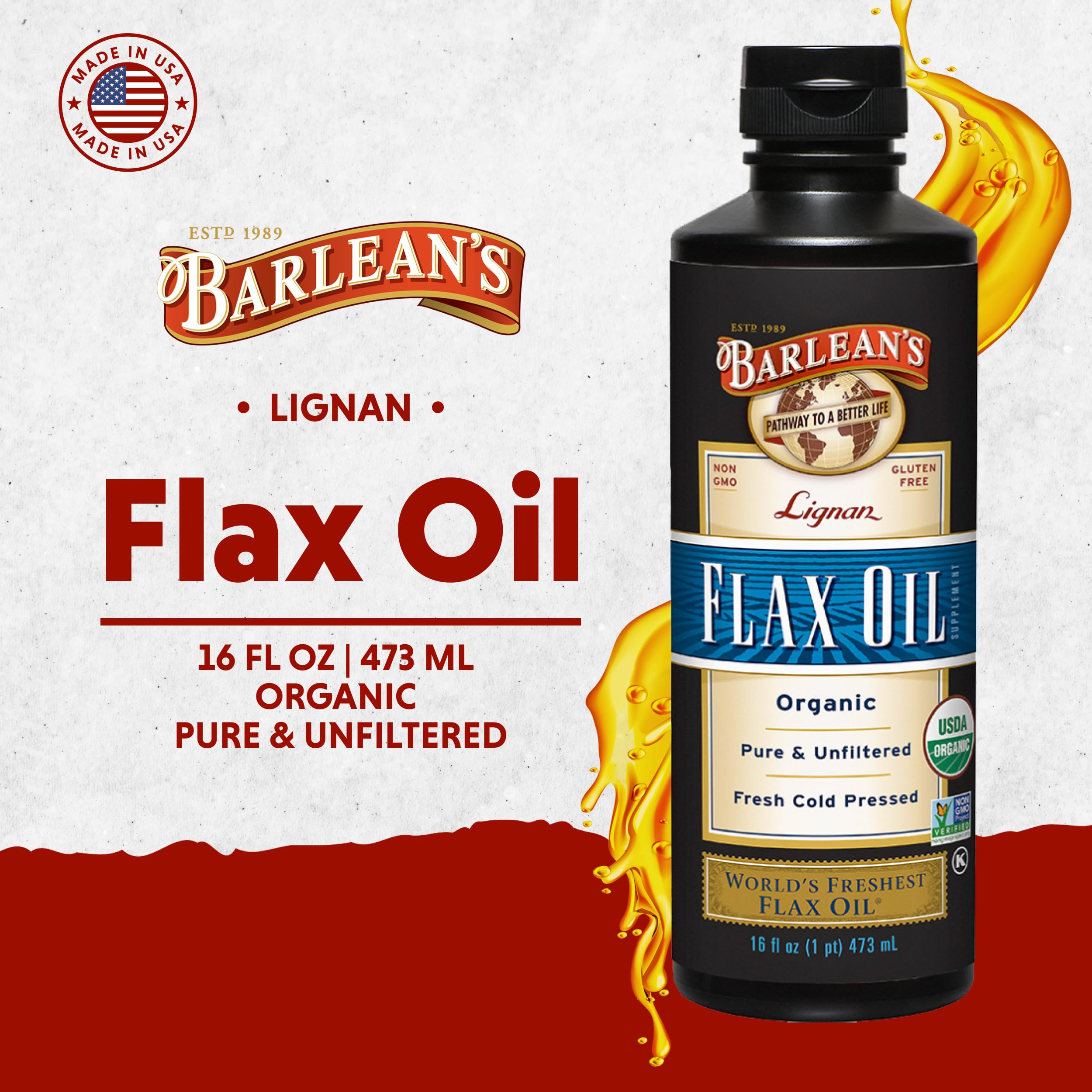 Barlean's Organic Lignan Flaxseed Oil sixteen fluid ounce bottle back label nutrition facts