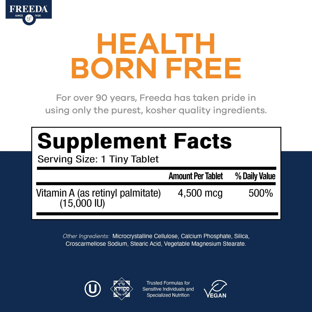 Freeda retinyl palmitate tablets nutrition facts label close up