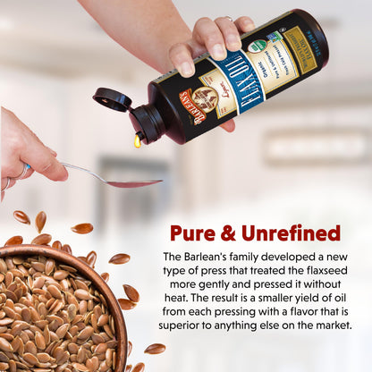 Barlean's liquid omega three dietary supplement bottle with organic certification seals