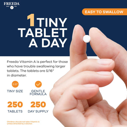 Side profile of Freeda Vitamin A 250 tablet bottle.