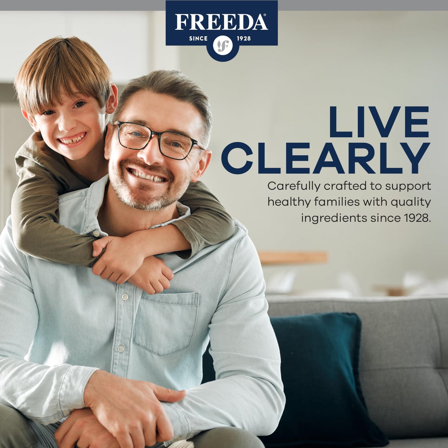 Professional studio shot of Freeda Vitamin A supplement bottle.