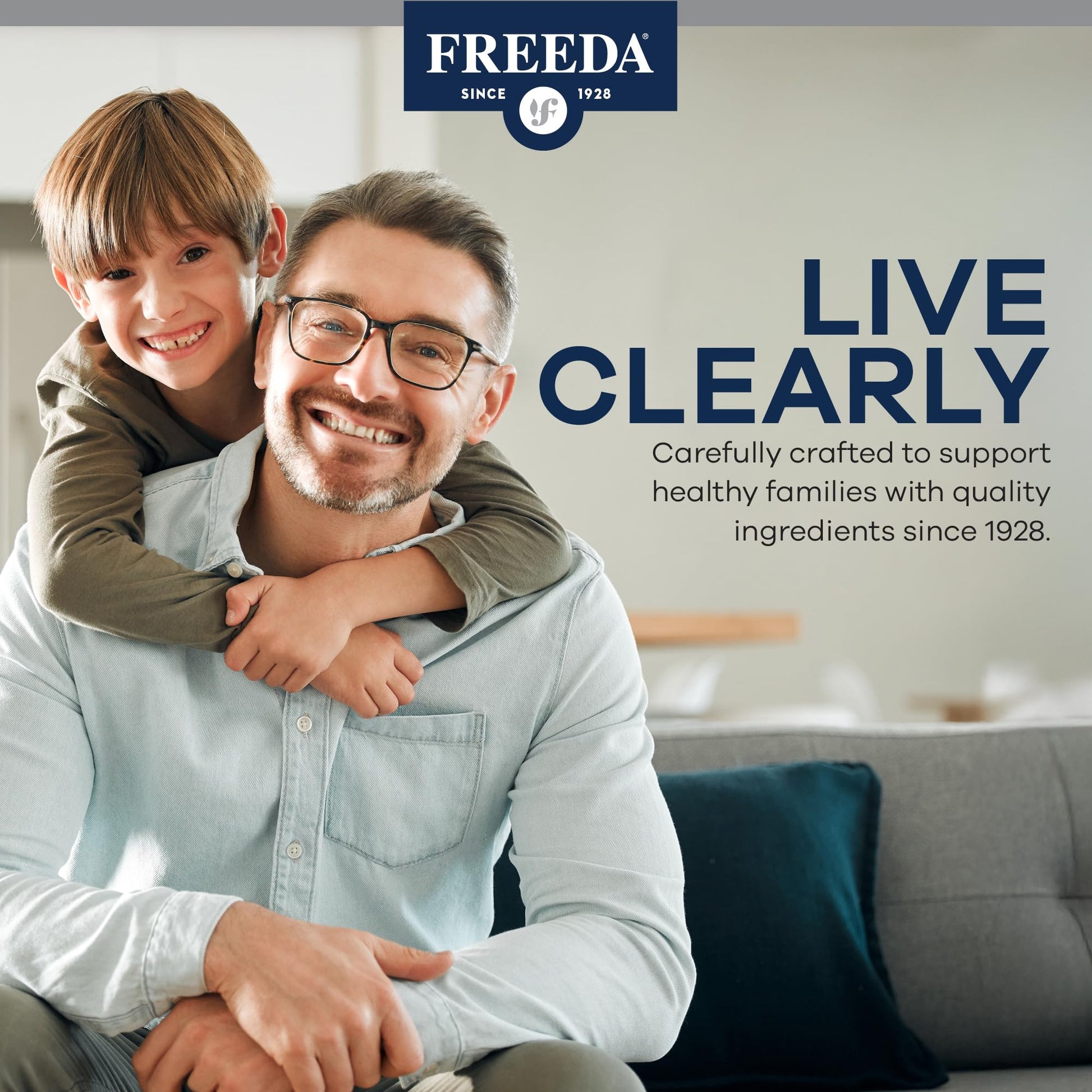 Professional studio shot of Freeda Vitamin A supplement bottle.