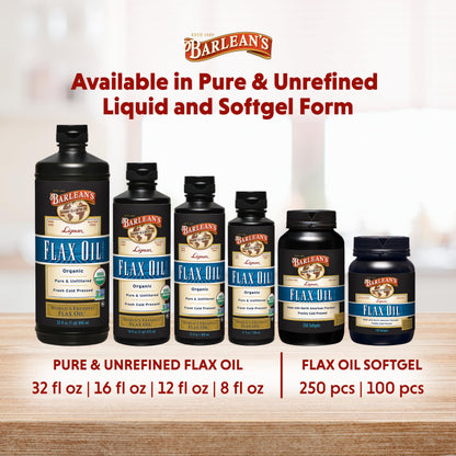 Barlean's unrefined cold pressed flaxseed oil supplement package layout