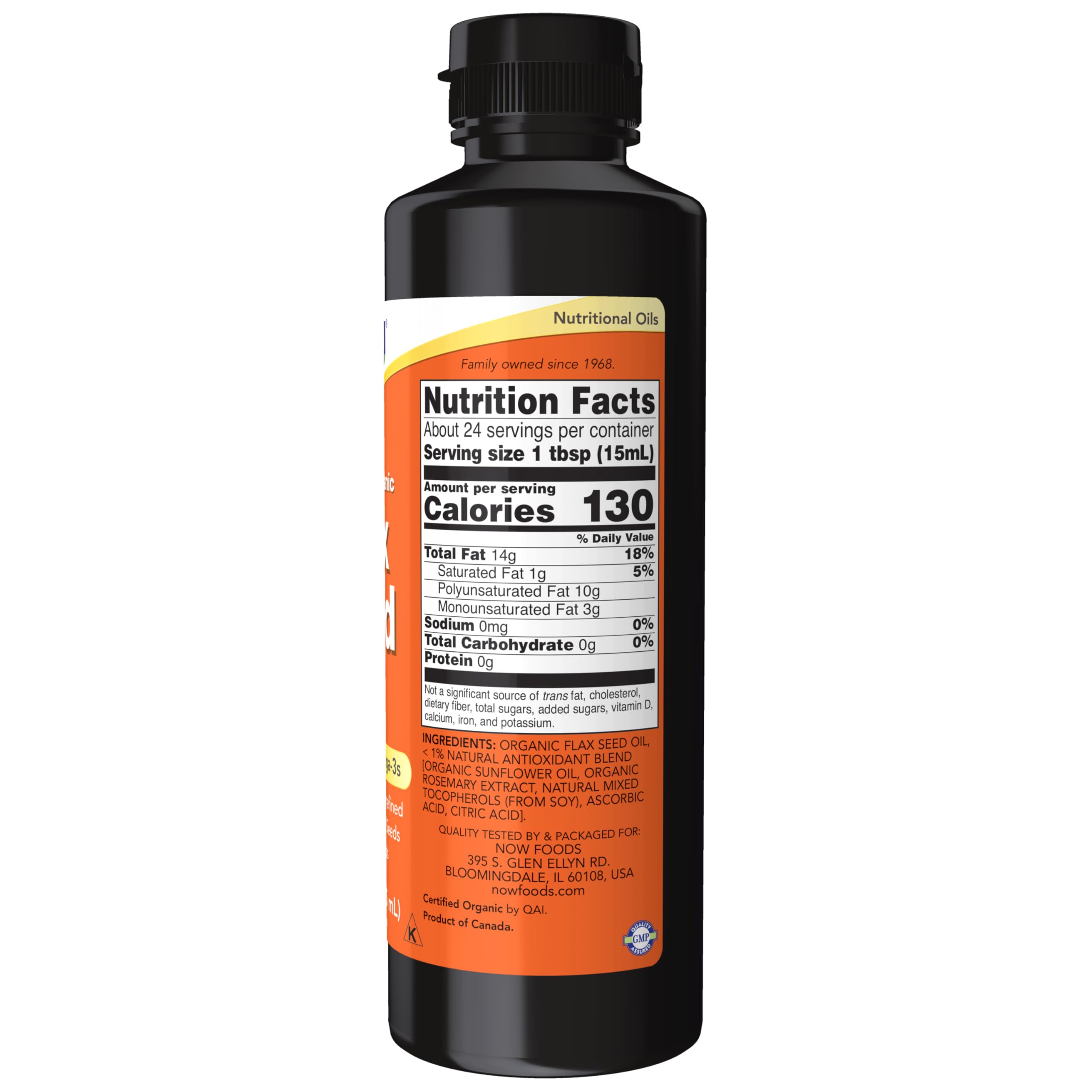 Now Foods organic flax seed oil liquid supplement nutritional label